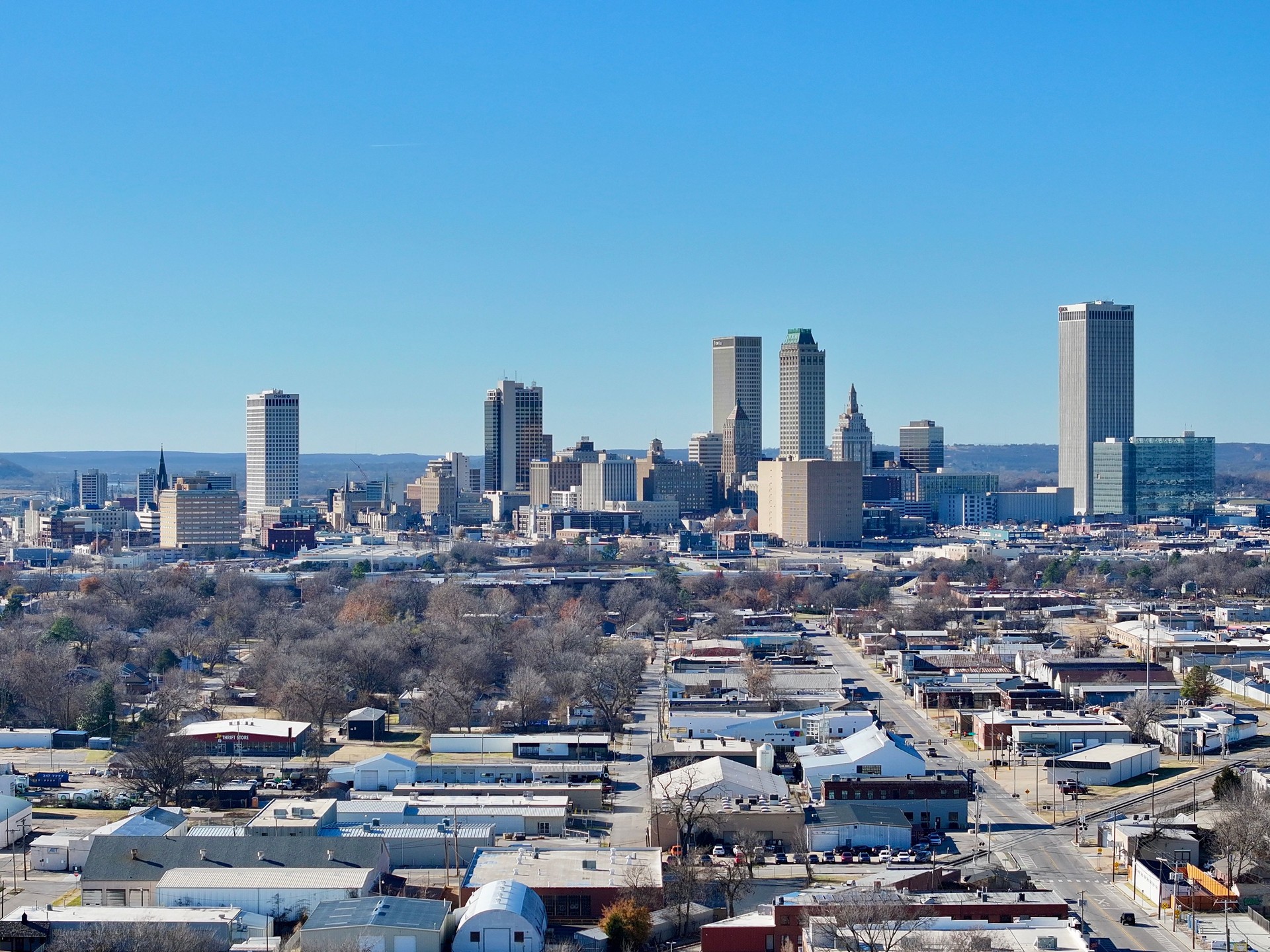Tulsa Oklahoma Skyline with beautiful blue skies.