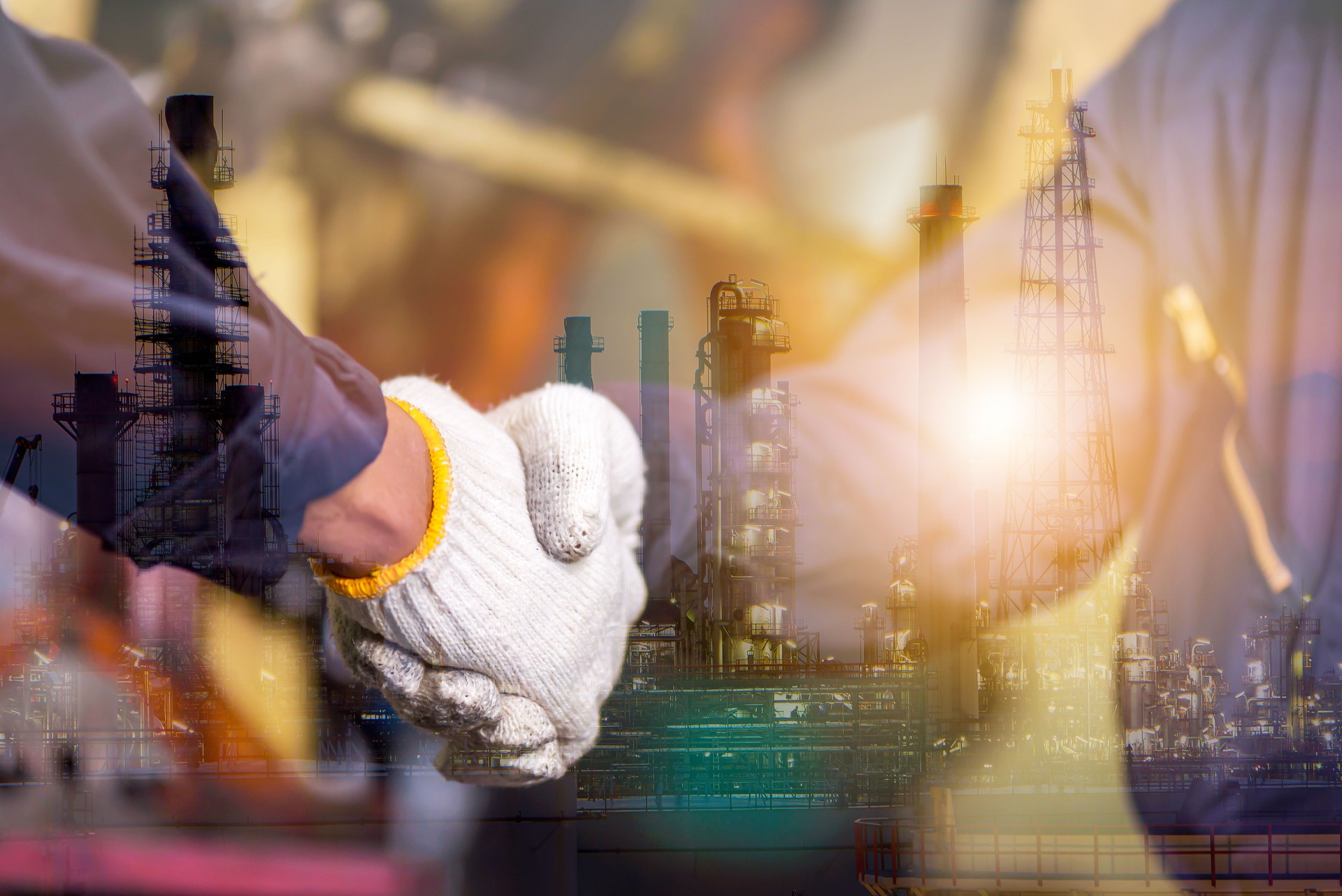 Double exposure of engineer mechanic man team get handshake together